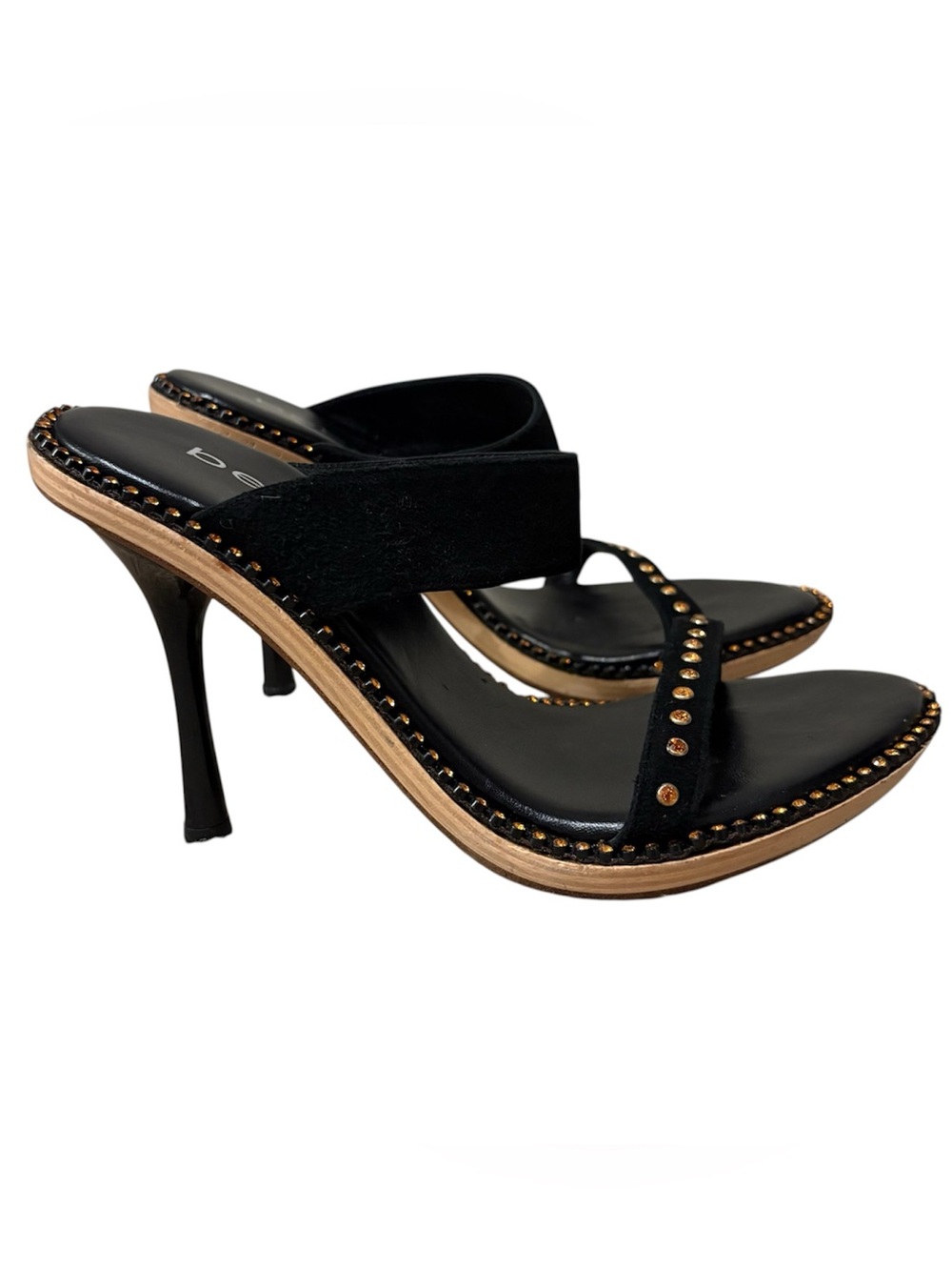 Vtg BEBE Y2K Black Studded Rhinestone Strappy Sandal Heels Stiletto Size 6 Flaws